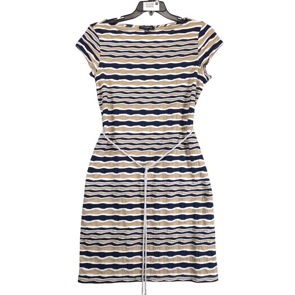 Sharagano Textured Striped Dress Sz 12 Rope Tie Waist Stretch Casual Chic Resort